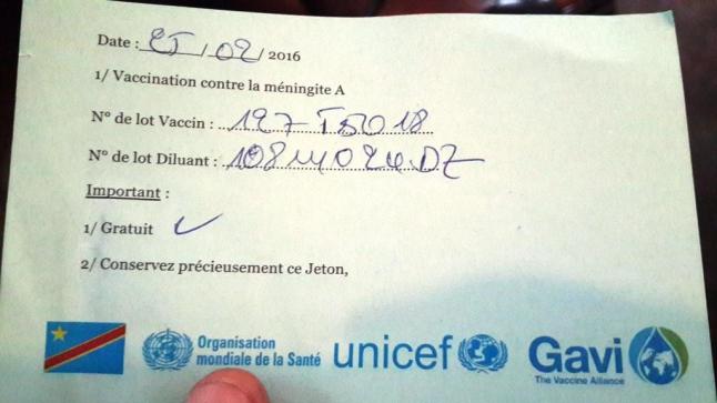 jeton de vaccination contre la meningite, coté face. credit photo Blaise Ndola